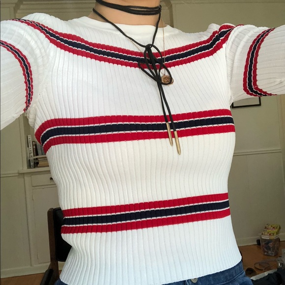Forever 21 Pleated Red, White, Navy Striped Form Fitting Sweater - Picture 2 of 6